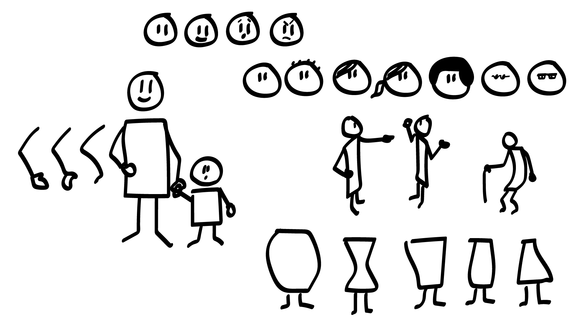 Drawing of peoples' faces, bodyparts, body-sizes and -shapes and different people, young and old.