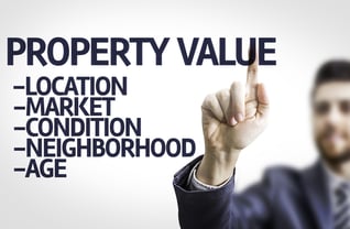Business man pointing to transparent board with text Property Value