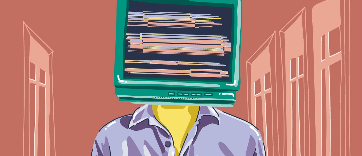 Illustrert bilde av en person med en dataskjerm som hode