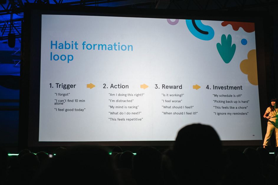 Keynote-slide av "habit formation loop": trigger, action, reward and investment
