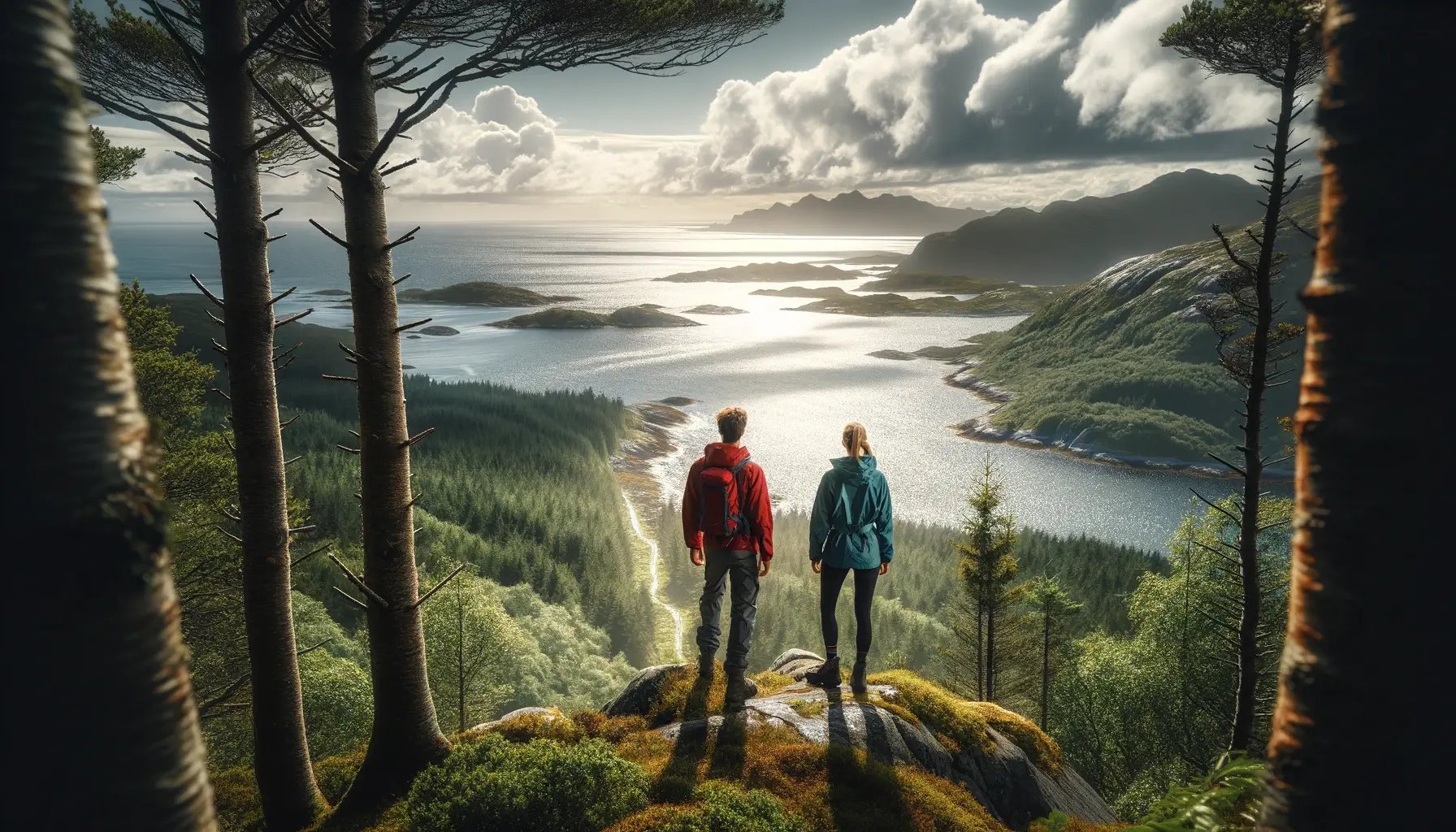DALL·E 2024-04-16 08.51.12 - In Rogaland, Norway, two hikers (one male in a red waterproof jacket and grey hiking pants, and one female in a blue waterproof jacket and black leggi