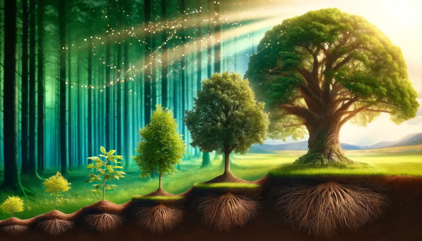 DALL·E 2024-04-16 09.17.32 - A panoramic photograph-style illustration depicting the growth stages of a majestic oak tree in four interconnected scenes within a vibrant forest cle