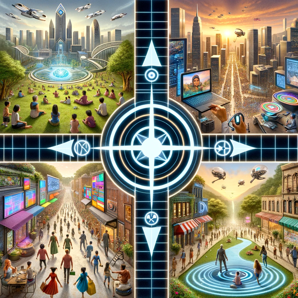 DALL·E 2023-11-29 15.37.27 - Create a composite image with four squares, each depicting a different future societal and technological scenario, and a small compas