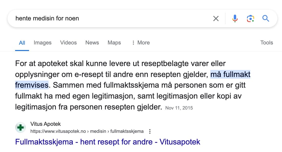 Skjermbilde som viser et Google resultat som gir riktig svar, selv om selve ordene i svaret er annerledes