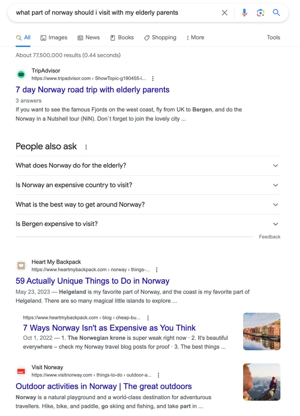 Et skjermbilde fra Googles søkeresultat på søkefrasen "what part of norway should i visit with my elderly parents"