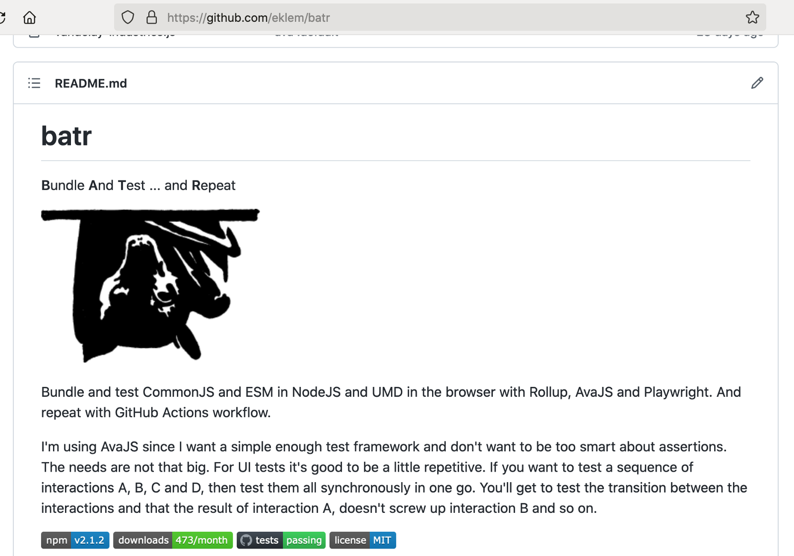 Screenshot of batr library on GitHub showing URL field, and start of README.md-file with library name, a logo (drawing of a bat) some text and version, downloads per month, test passing and licence badge.